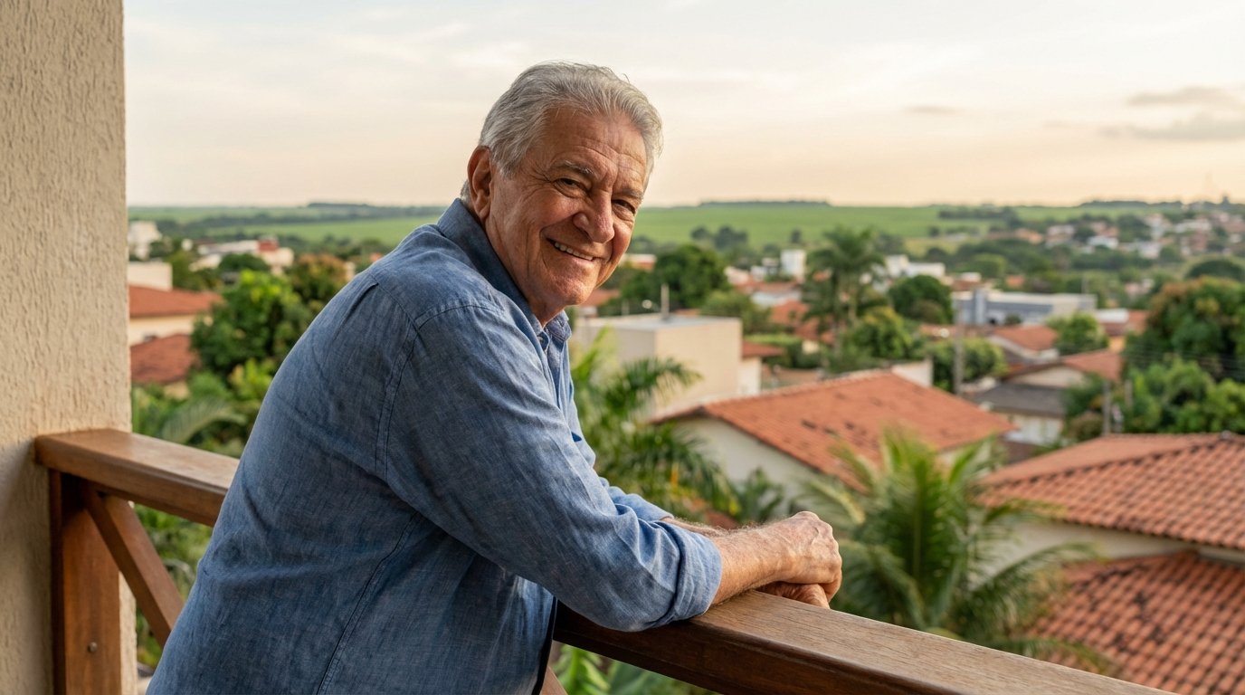 Idoso sorrindo na varanda em Lucas do Rio Verde, Mato Grosso