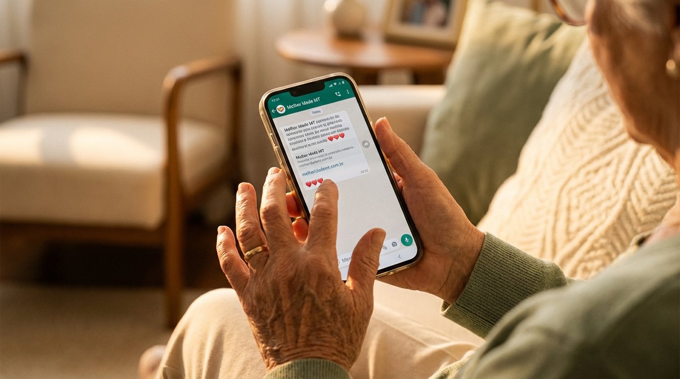 Mão idosas entrando em contato com o site melhoridademt pelo whatsapp