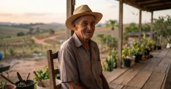 Homem da terceira idade sentado em cadeira de madeira em varanda de casa rural no Mato Grosso ao entardecer.