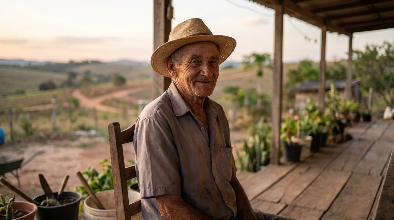 Homem da terceira idade sentado em cadeira de madeira em varanda de casa rural no Mato Grosso ao entardecer.