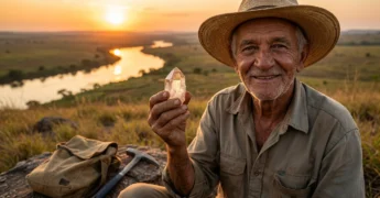 Homem da terceira idade sorrindo e segurando um cristal transparente com paisagem de rio ao pôr do sol no Mato Grosso.