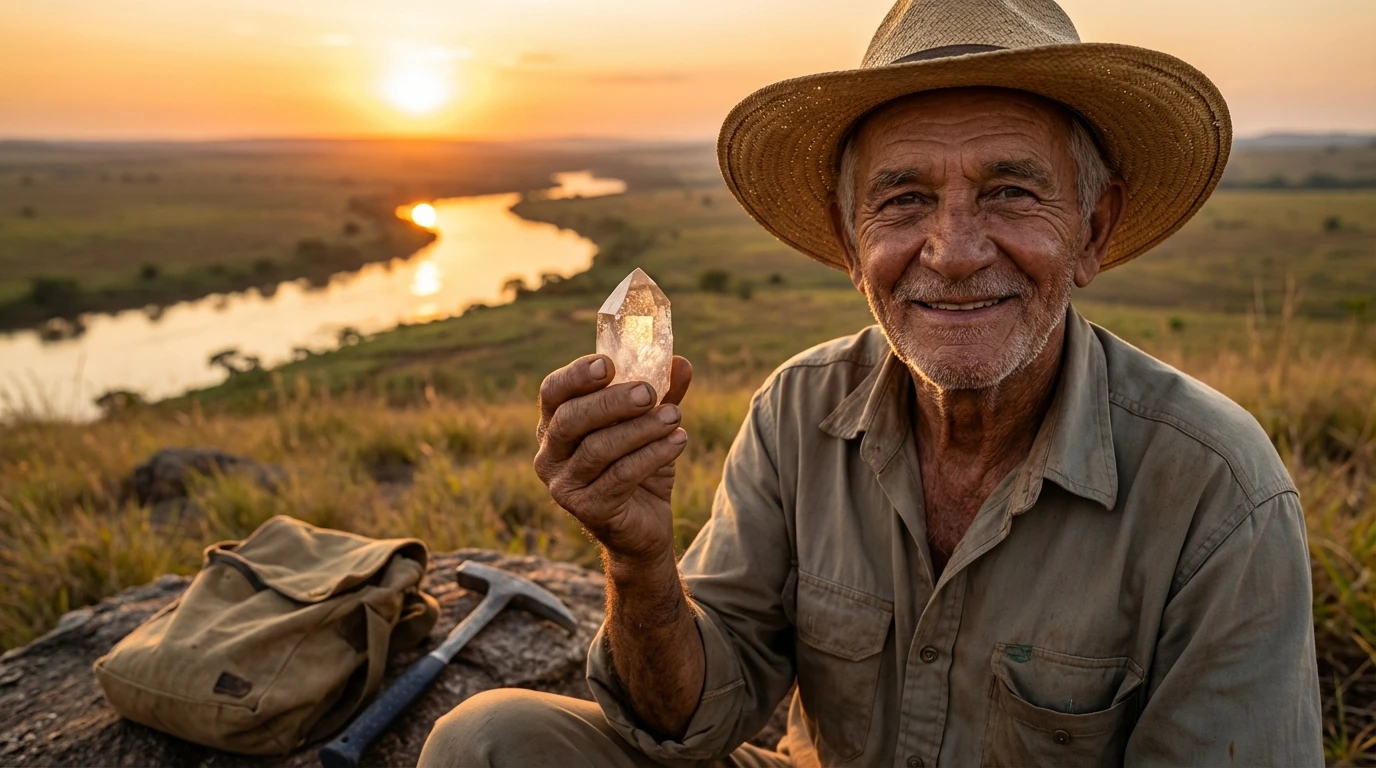 Homem da terceira idade sorrindo e segurando um cristal transparente com paisagem de rio ao pôr do sol no Mato Grosso.