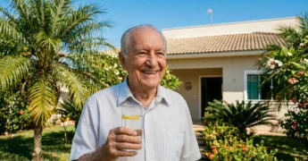 Homem da terceira idade sorrindo ao ar livre segurando um copo de água com limão em frente à casa no Mato Grosso.