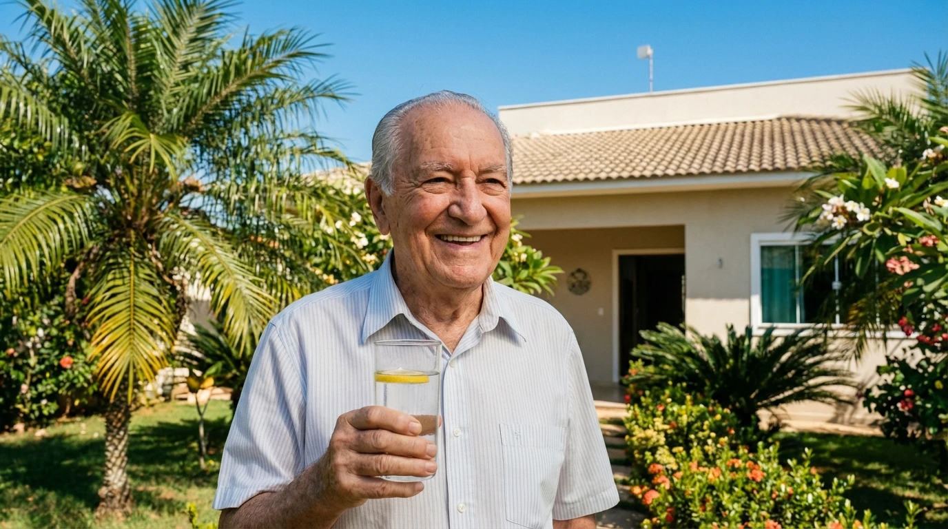 Homem da terceira idade sorrindo ao ar livre segurando um copo de água com limão em frente à casa no Mato Grosso.